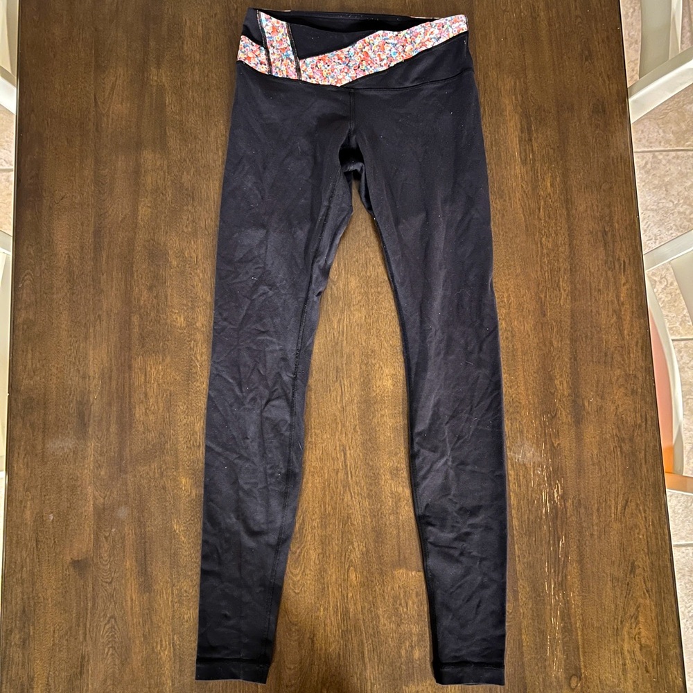 Black Lululemon Leggings with Floral Waistband